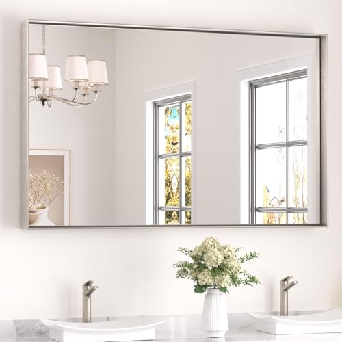 Image of Keonjinn 48x30 Inch Nickel Bathroom Mirror for Over Sink, Rectangular