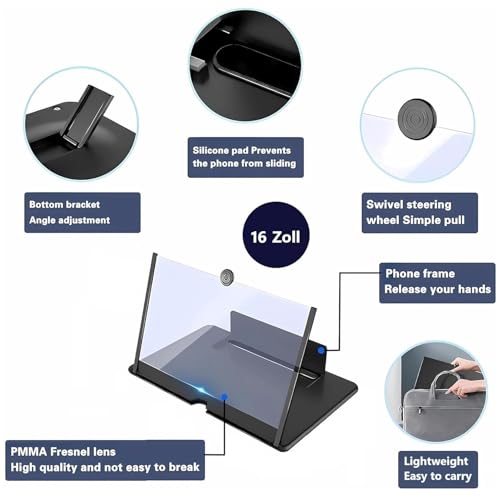 Homavit Handy Bildschirmlupe 16 Zoll, 3D Bildschirm für Handy, HD Handy Lupe für Allen Smartphones, für das ansehen von filmvideos(Schwarz)