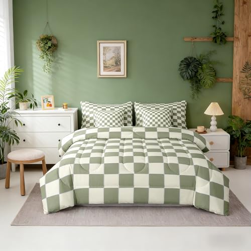 Image of Erosebridal Plaid Full Comforter Set 7 Piece Beige Sage Green Checkerboard Bed in A Bag with Sheets Geometric Checkered Bedding Set for Kids Boys Girls,Aesthetic Grid Bed Set