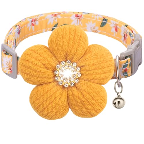 Collare per Cani Regolabile conFiori 3D, Collare Cane Taglia Piccola con Strass, Collare Cane Femmina di Fiori Decorativo con Campana, per Gatti, Cuccioli Piccola (Giallo)