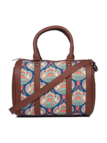ZOUK Printed Vegan Leather Handmade Women's Handbags with double handles and detachable Sling Strap - Kovil Blue 3