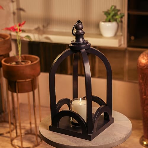 Image of Lumora Acacia Wood Lantern with Glass - Handcrafted Rustic Lantern for Indoor Outdoor Patio Balcony & Home Lighting