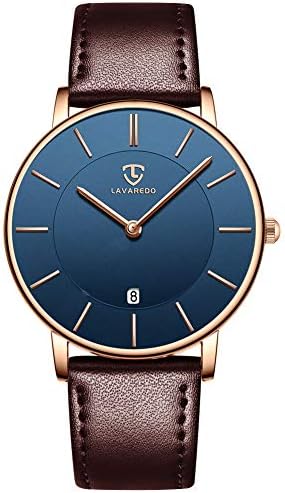 Watch, Mens Watch, Minimalist Fashion Simple Wrist Watch Analog Date with Leather Strap Brown Blue