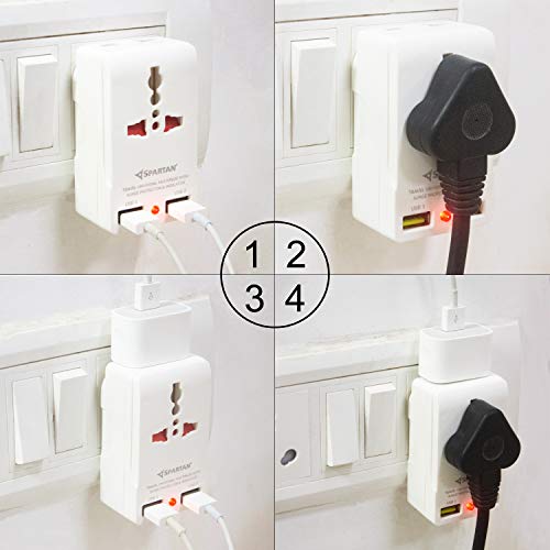 Image of Spartan 3 Pin All Multiplug Charger /Travel Adapter, 10A Power Sockets / 2Pin & 3Pin Socket Adapter with Dual USB Charging Port (White, Pack of 1)
