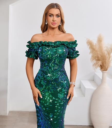 Image of dasmzper Women Sexy Sequin Off Shoulder Ruffle Short Sleeve Bodycon Mermaid Party Formal Evening Maxi Dress