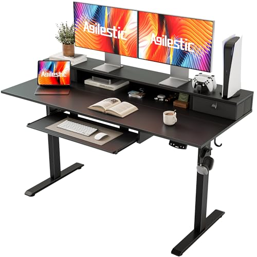 Image of Agilestic Electric Standing Desk with 2 Drawers and Keyboard Tray, 55 x 24 Inches Ergonomic Adjustable Height Desk with Storage, Sit Stand up Desk Computer Workstation, Black