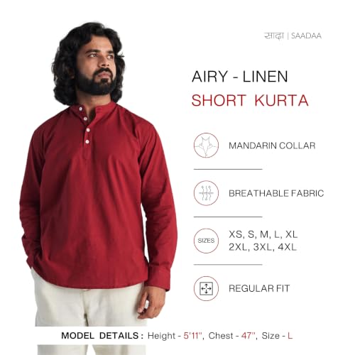 Image of SAADAA Men's Short Kurta - Linen Cotton Blend, Airy Fabric, Regular Fit, Mandarin Collar, Solid Color - Casual, Festive & Ethnic Wear