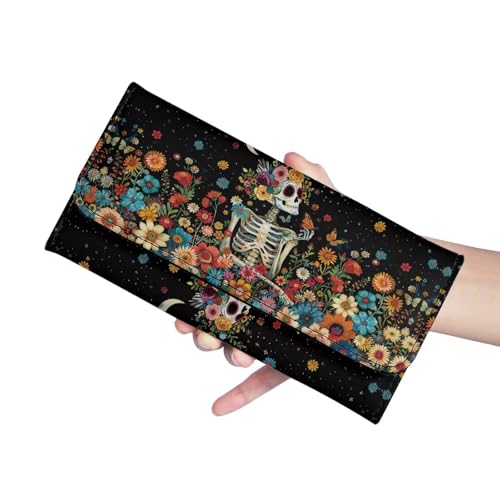 Image of AFPANQZ Large Capacity Women Purse Portable Handbag Purses, Skull Floral Womens Card Purse with Zipper Multifunctional Handbags RFID Blocking Checkbook Wallet
