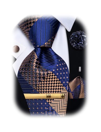 Image of YourTies Striped Plaid Ties for Men Silk Formal Necktie Set | 3.15 inch(8cm) Woven Jacquard Mens Ties with Necktie Pocket Square Cufflink Tie Clip Lapel Pin for Wedding Business Party