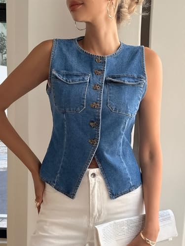Tankaneo Womens Going Out Denim Vest Tops Trendy Cropped Sleeveless Button Down Fitted Jean Tank Tops Y2K Waistcoat4