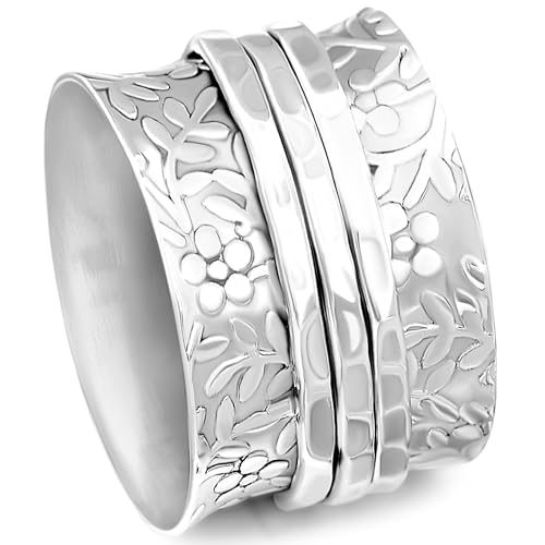 Boho-Magic Sterling Silver Spinner Ring for Women – 925 Spinning Ring Band – Wide Band Silver Fidget Rings for Women - for Meditation, Relaxation & Comfort