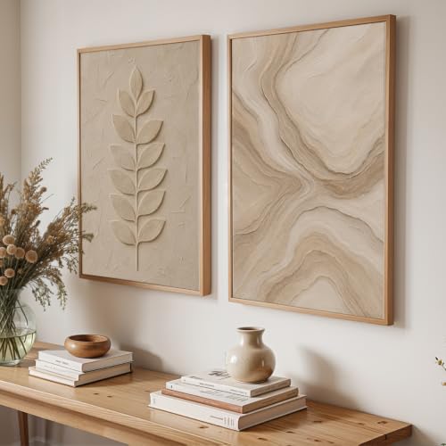 Image of NoWorries Minimal Leaf Wall Painting Set of 2 with Frame | Neutral Beige Botanical Leaf & Abstract Marble Texture Artwork, Modern Nature Wall Decor for Living Room, Bedroom, Office and Home Decoration (Art-4, 25x37inch)