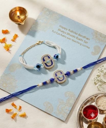 Image of Rakhi for Brother and Bhabhi Set of 2, Designer Rakhis for Rakshabandhan, Bhaiya Bhabhi Rakhi Set for Rang Panchami, Best Wishes Greeting Card and Tillak Set, Premium Thread Raki for Him