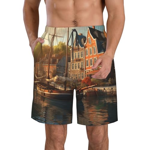 Men's Swim Trunks Charming Harbor View Quick Dry Board Shorts Mens Bathing Suit Beach Swimwear with Pockets