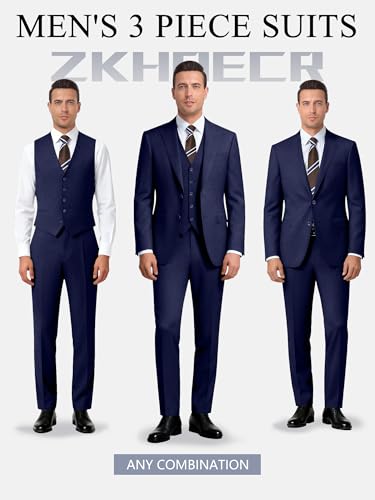 Image of Men's 3 Piece Slim Fit Suit Set, Two Button Blazer Solid Jacket Vest Pants Wedding Business Suit
