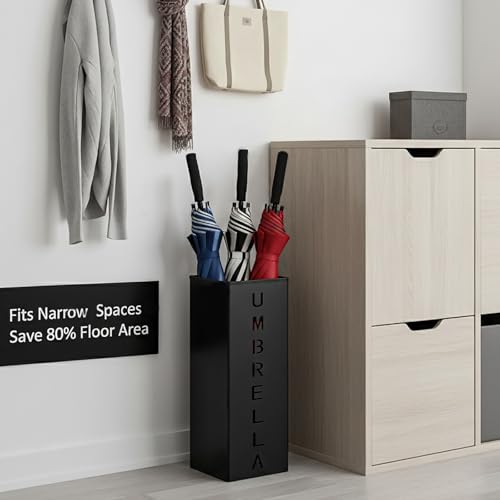 Image of Hiceeden Square Metal Umbrella Holder, Free Standing Umbrella Rack Stand for Indoor Entryway, Umbrella Canes Walking Sticks Storage Bin for Office, Home, Hotel, Shop, 6.3 inch x 6.3 inch x 16.5 inch, Black