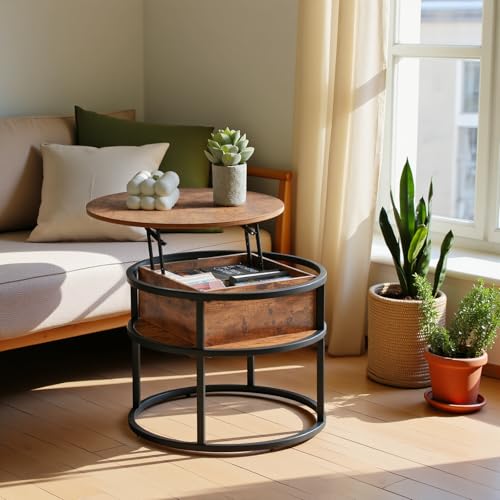 EGGREE Table Basse Relevable avec Rangement Caché,60x60X48cm-62cm,Table Basse Ronde Bois,pour Salon, Bureau,Chambre, Balcon Marron