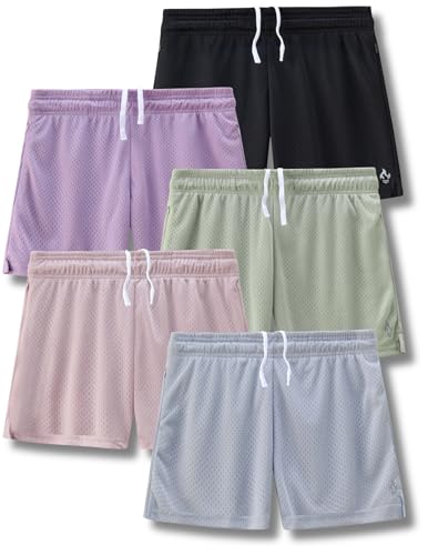 5-Pack Women's Athletic Shorts Mesh Basketball, Ladies Active Loose Pull-On Shorts with Zipper Pockets, 5