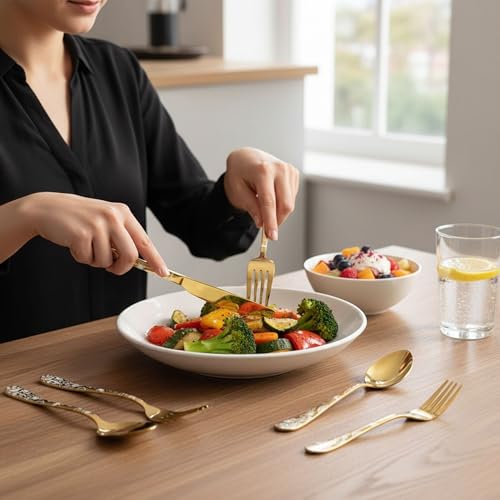 Image of 20 Pcs Gold Floaral Stainless Steel Cutlery Set for Dining Table with Spoons and Forks Set + Butterknives - The Perfect Tableware /Flatware