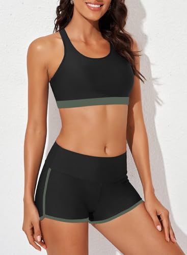 Image of Aleumdr Womens Athletic 3 Piece Tankini Swimsuits with Shorts Swim Tank Tops with Sports Bra and Boyshorts Bathing Suits