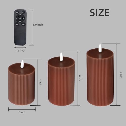 Image of 3 Pack Wax LED Flameless Candles with Remote Real Wax Battery Operated Electric Pillar Candle Set with Vertical Stripes 3D Black Wick for Home Party Wedding Decorations, Brown, D 3 x H 4 /5 /6 inch