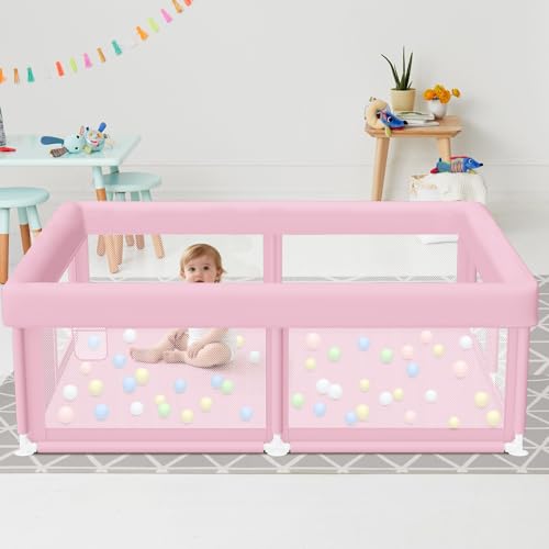 Image of Large Baby Playpen 50 inchx50 inch Baby Girl Play Pen for Babies and Toddlers, Safe Structure and Soft, Skin-Friendly Fabric with Zipper Gates Pink