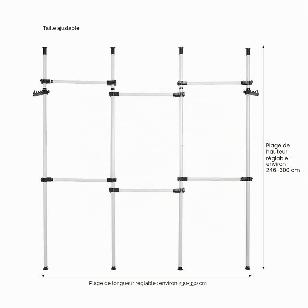 Systeme Penderie Telescopique Garde-robe Téléscopique Barre de Penderie Portant de Vêtement Système à vêtements télescopique Hauteur réglable 246-300cm Largeur réglable 230-330cm