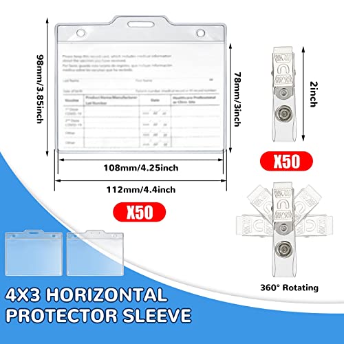 Image of 50 Set Name Tags with Clips Name Tag Holder for 4 x 3 ID Badge, Clear Waterproof Vinyl Plastic Sleeve Cover Horizontal Card Holder for Travel and Events