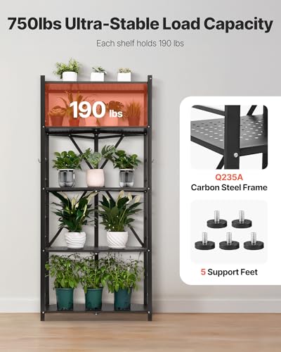 Image of VEVOR 5-Tier Foldable Storage Shelf, 28W x 15D x 64H Inch Folding Metal Rack Shelving Unit, No Assembly Organizer Shelf with 5 Wheels & 4 Hooks for Pantry, Kitchen, Garage, Basement, Black