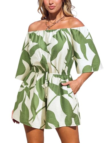 CUPSHE Damen Jumpsuit Tropisch Schulterfrei Strampler Halbarm Weite Beine Overall mit Gürtel Sommer Strand Playsuit