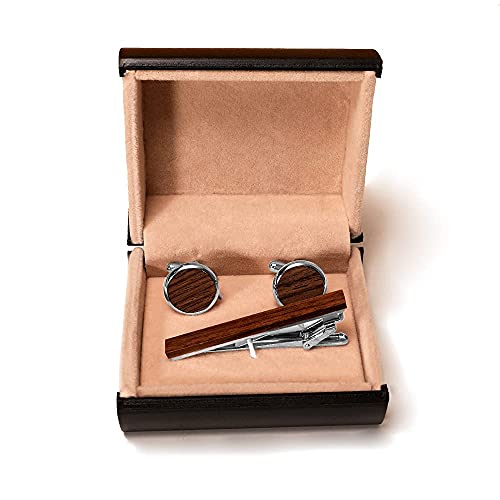 Wooden Tie Clip & Cufflink Set for Men - 2 Inch Tie Clip & Round Cufflinks with Gift Box - Formal Business Wedding2