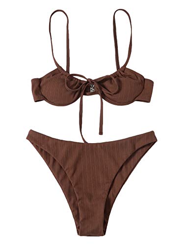 SOLY HUX Women's 2 Piece Swimsuit High Waisted Bikini Sets Sexy Thong Bathing Suit Spaghetti Strap Tie Front Swimwear Coffee Brown S