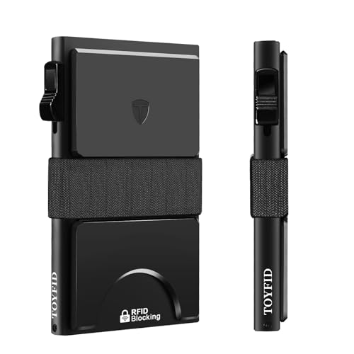 TOYFID Carteira masculina fina para homens, carteira pop-up minimalista, carteira de metal, bloqueio de RFID, com placa traseira expansível e faixa para dinheiro, comporta mais de 12 cartões e
