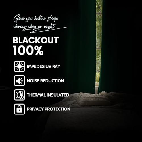 Yakamok 100% Blackout Curtains Dark Green Room Darkening Thermal Insulated with 2 Thick Layers-Hunter Green Window Drapes Set of 2 Panels for Bedroom Living Room 52 Inches by 84 Inches Length