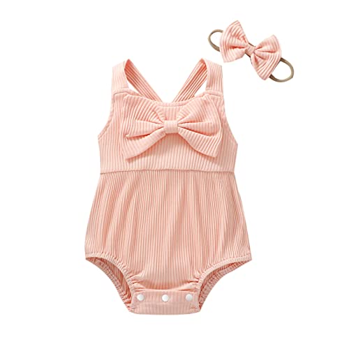 Image of Newborn Baby Girls Onesie Romper Jumpsuit Bodysuits Ribbed Short Sleeve One-Piece Headband Summer Outfits (Pink-Bowknot, 6-12 Months)