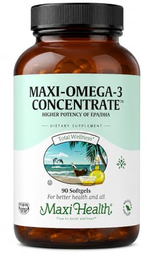 Maxi Health Omega 3 Supplement - Omega-3 Fish Oil Concentrate - Higher Potency Source of EPA/DHA Fatty Acids - Heart, Brain & Joint Health - Kosher Certified Wild Caught Fish - 90 Vegetarian Softgels