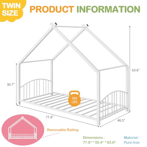 Image of Garvee Twin Size House Shape Bed Frame with Rail, White