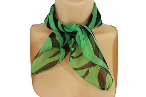 TFJ Women Fashion Small Neck Scarf Sheer Fabric Black Zebra Print Pocket Square Green3