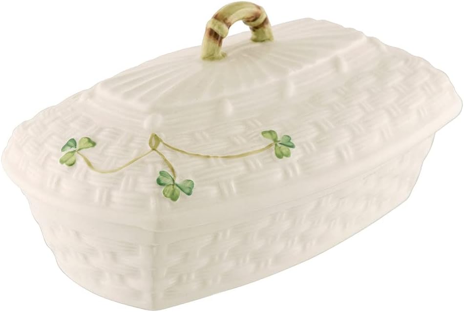 Belleek Shamrock White Butter Dish With Lid - Handcrafted Fine Parian China Basketweave Pattern Butter Holder, 3.9"x7"