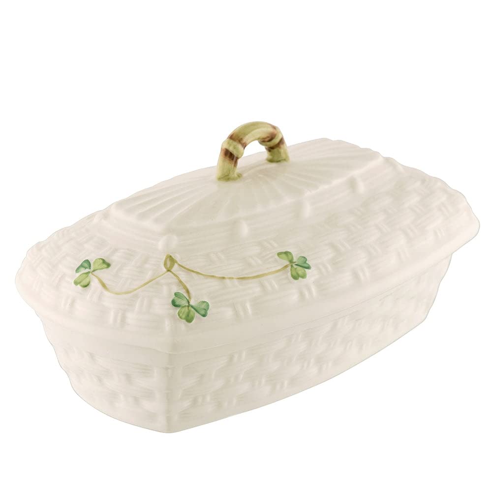 Shamrock White Butter Dish With Lid - Handcrafted Fine Parian China Basketweave Pattern Butter Holder, 3.9"x7"