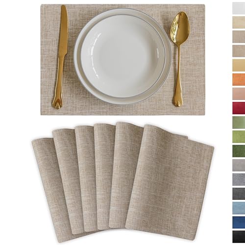 Demetex Burlap Place Mats Set of 6 Heat Resistant Linen Placemats Decorative Wipeable Fabric Table Mats for Dining Kitchen Tables, Burlap