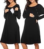 ADOME Damen Stillnachthemd Umstandskleid Geburtskleid Knielang Geburtshemd Langarm Nachthemd mit Stillfunktion Nachtwäsche Schlafoverall mit Knopfleiste Schwarz L