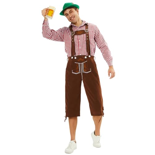 Feynman Costume Homme Oktoberfest - Pantalon Bavarois Brodé Traditionnel (Noir/Marron) + Chemise Tyrolienne (Rouge/Vert/Noir) - Tenue Allemande Style Cuir...