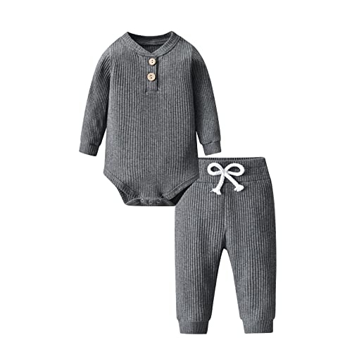 Image of Derouetkia Newborn Baby Boy Girl Clothes Ribbed Cotton Long Sleeve Romper and Pants Outfits Set