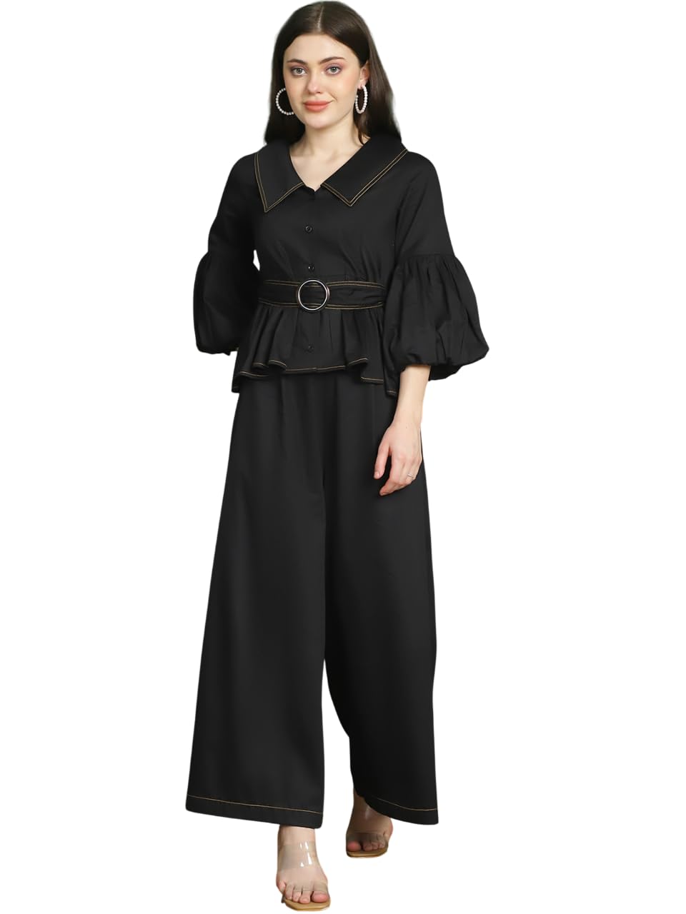 Stylish Womens Cotton Solid 3/4 Sleeve Shirt Collar Peplum Co-ord Set | Lightweight & Breathable Fabric | Top with trouser Set-image-19
