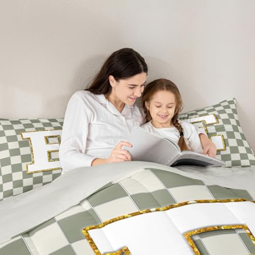 Image of Erosebridal Sage Green Checkered Bedding Set King Plaid Initial E Comforter Set for Kids Adults Personalized Monogram Down Comforter,Fashion Grids Gingham Quilt Duvet