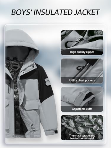 Jsslaik Boys Winter Jacket - Level 4 Windproof Waterproof - Graphene Thermal Lightweight Coat with Reflective Design for Snowboarding Daily Wear Adjustable Hood Cuffs 6-16 Years（Grey-10-12Y）