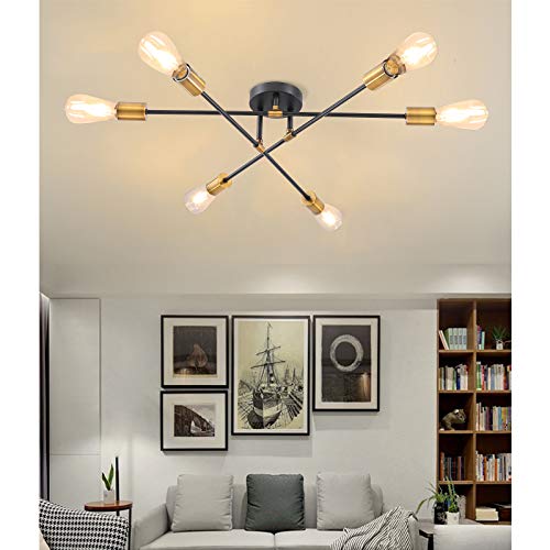 Modern Sputnik Chandelier, Semi-Flush Mount Ceiling Light, Black & Gold Pendant Light Fixtures, 6 Lights Industrial Vintage Ceiling Light Fixture for Foyer Hallway Dining Living Room Kitchen Bedroom