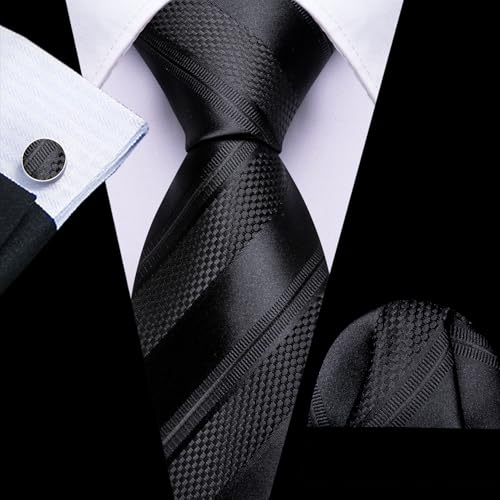 Image of Barry.Wang Tie Sets for Men Silk Stripe Necktie Woven Checkered Handkerchief Cufflinks Formal Business Wedding