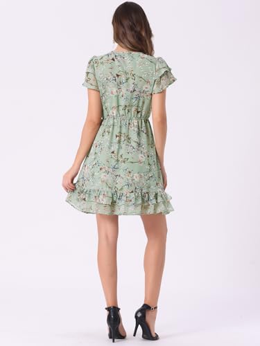 Image of Allegra K Women's Ruffle Sleeve Self-Tie V Neck Flowy Ruffled A-Line Floral Chiffon Dress